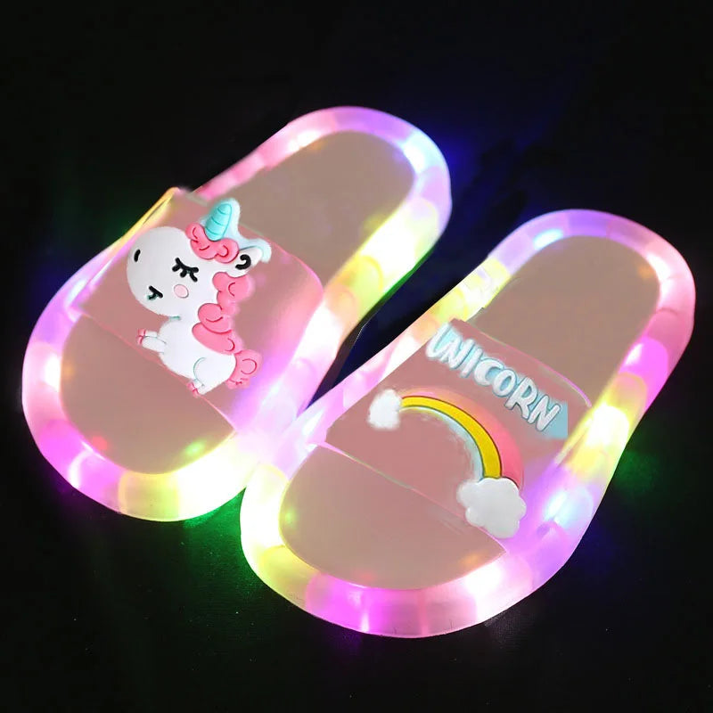 Children‘s Boys Girls Slippers Cartoon Unicorn Animals Prints Shoes Lighted Fashion - Azobay