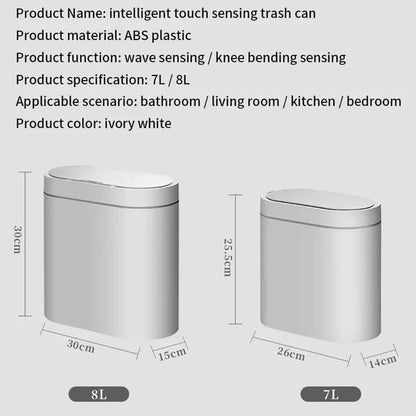 7L automatic touchless bathroom trash can with motion sensor and waterproof lid in white rectangular design