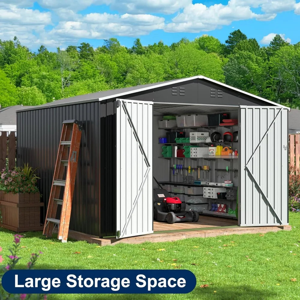 "10x10 FT Outdoor Metal Storage Shed with Lockable Doors and Reinforced Frame"