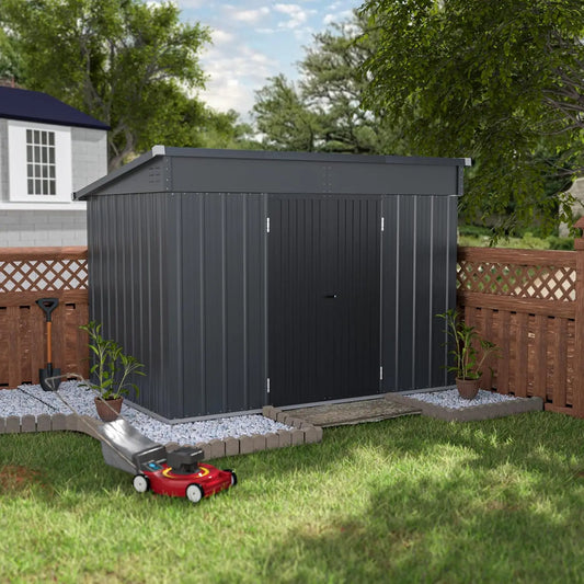 Custom outdoor metal storage shed with sloped galvanized steel roof and ventilation vents