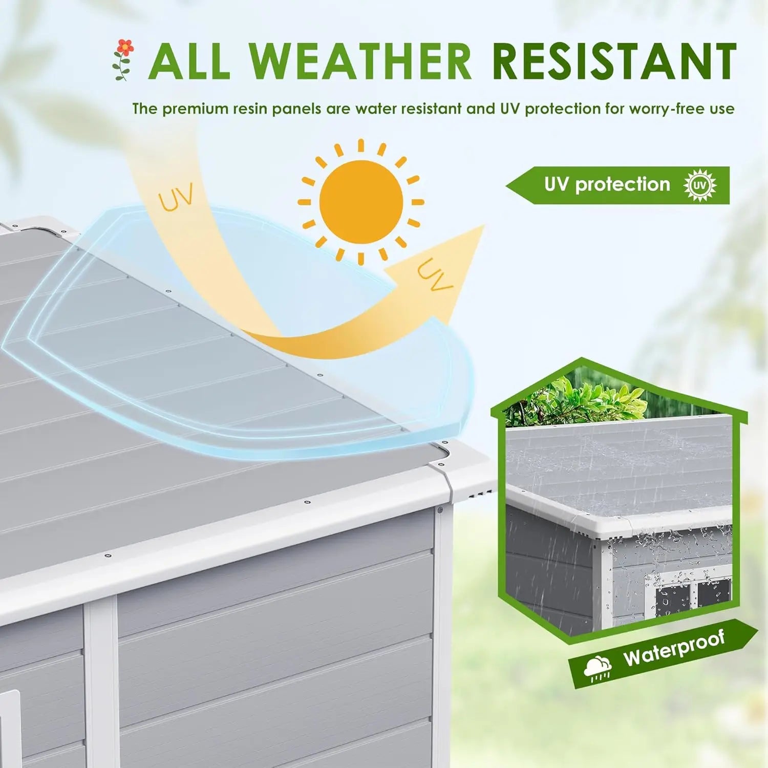 Outdoor 5x4 FT resin storage shed with lockable door, waterproof design, and heavy-duty floor for garden tool storage