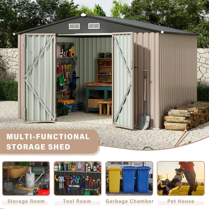 Waterproof outdoor metal storage shed with lockable door and air vents
