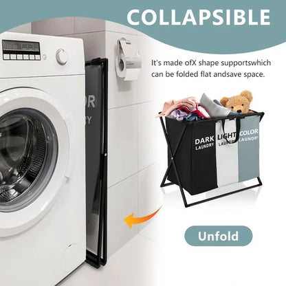 Large foldable laundry hamper with 3 sections divided for sorting clothes and home storage