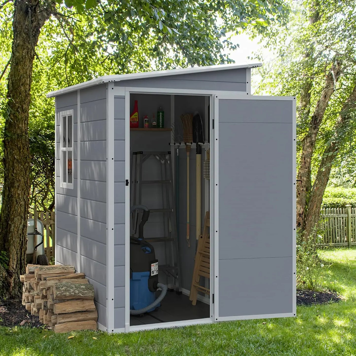 Outdoor 5x4 FT resin storage shed with lockable door and heavy-duty floor for garden tool storage
