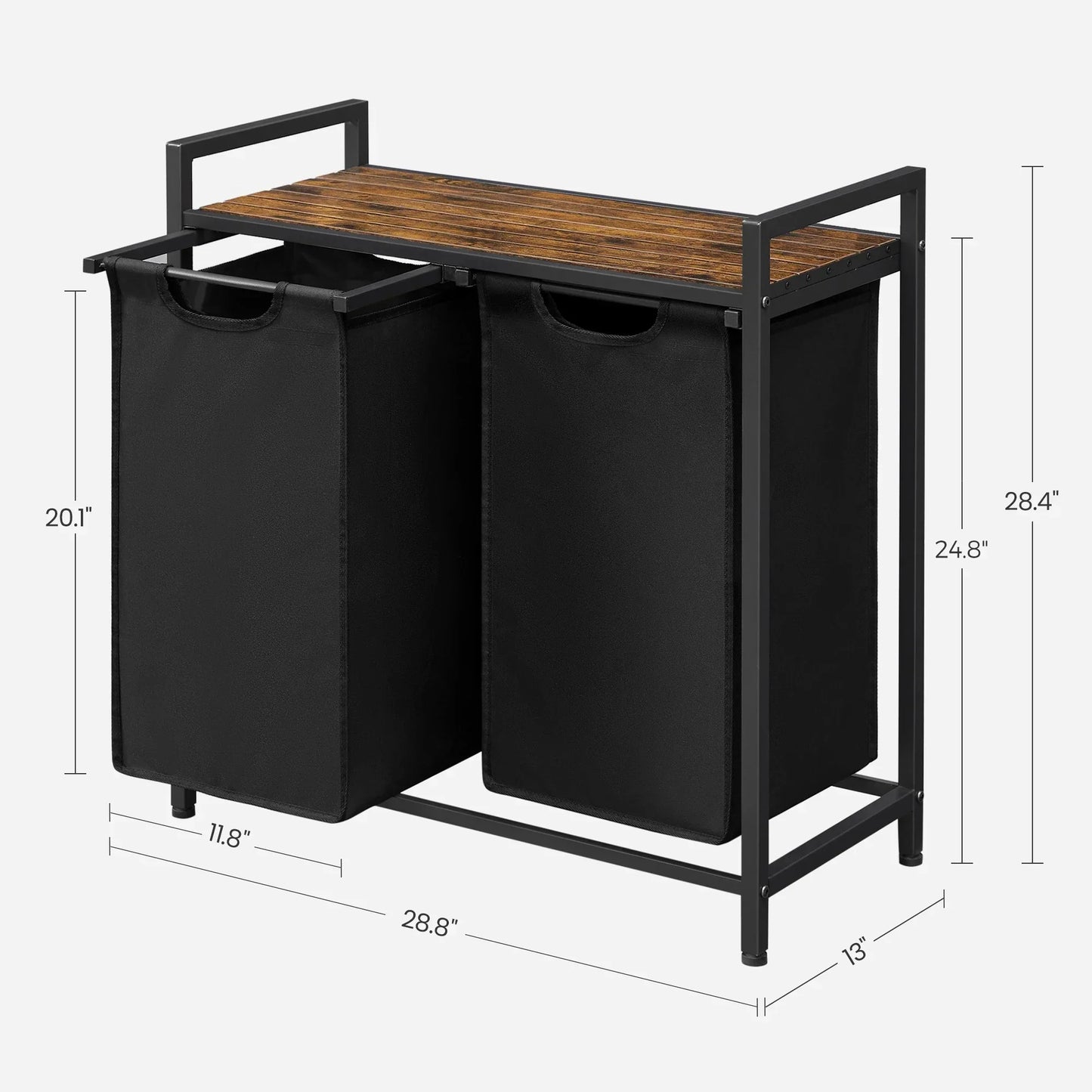 VASAGLE Laundry Hamper with metal frame, pull-out design, removable bags, and ventilated shelf in rustic brown and ink black colors