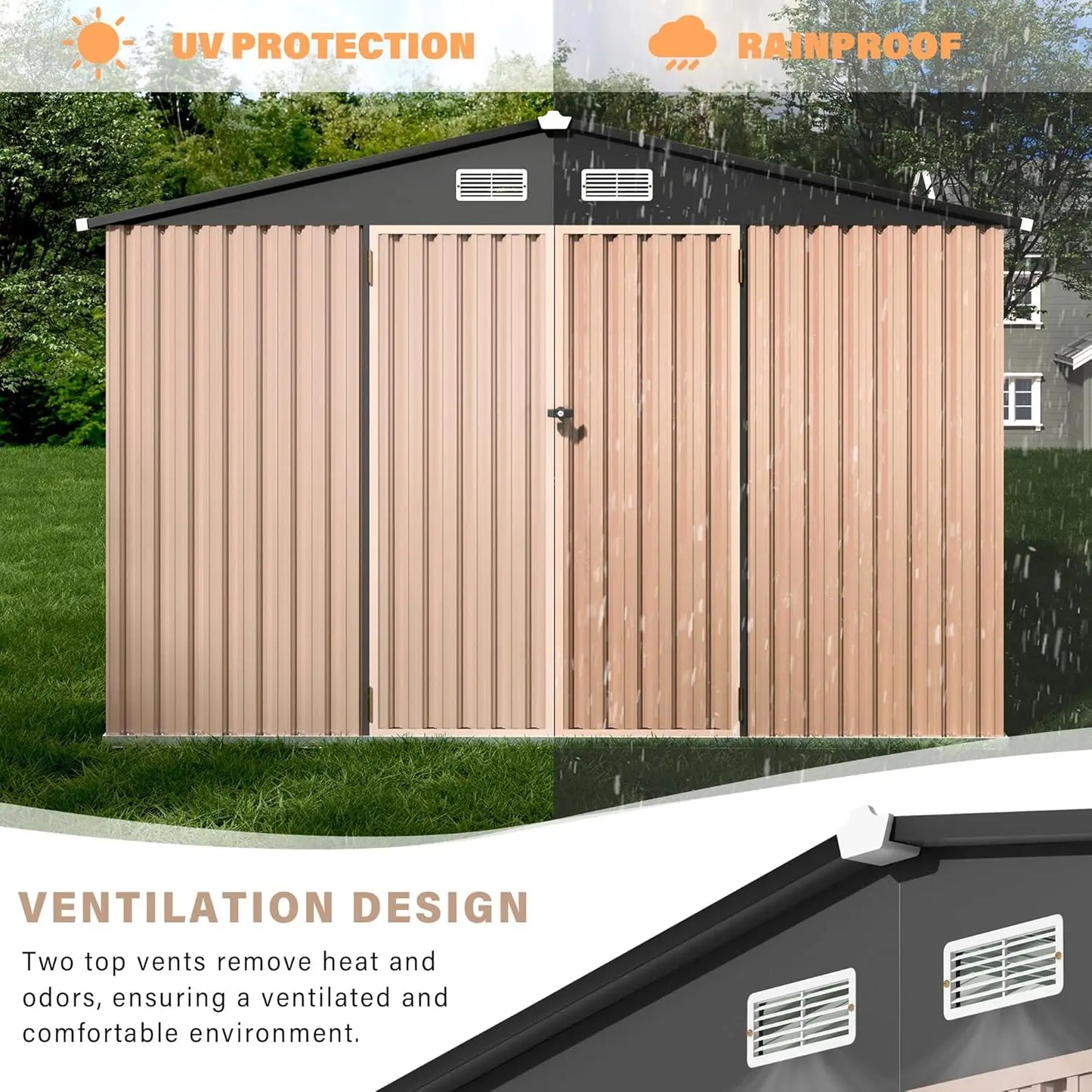 Outdoor metal storage shed kit with lockable door and vents