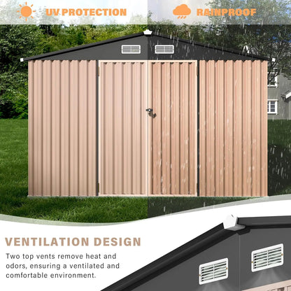 Outdoor metal storage shed kit with lockable door and vents