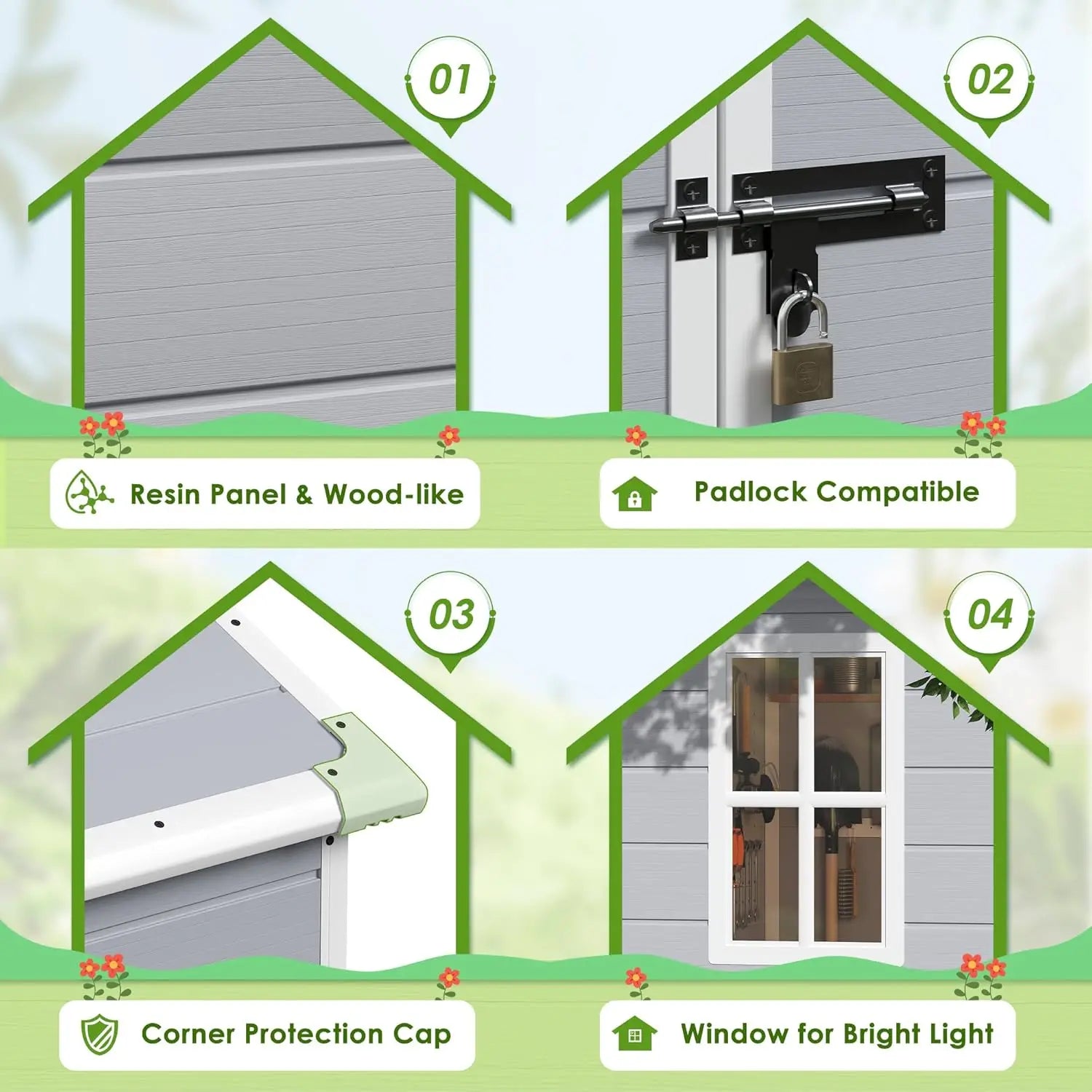 Outdoor 5x4 FT resin storage shed with lockable door and heavy-duty floor for garden tools storage