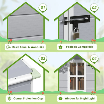 Outdoor 5x4 FT resin storage shed with lockable door and heavy-duty floor for garden tools storage