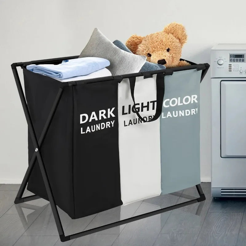 Large foldable laundry basket with 3 sections divided for sorting clothes, waterproof and collapsible hamper for home storage