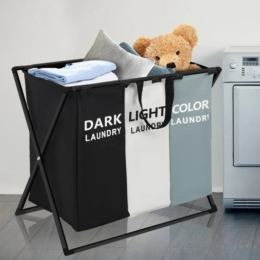 Large foldable laundry basket with 3 sections divided for sorting clothes, waterproof and collapsible hamper for home storage