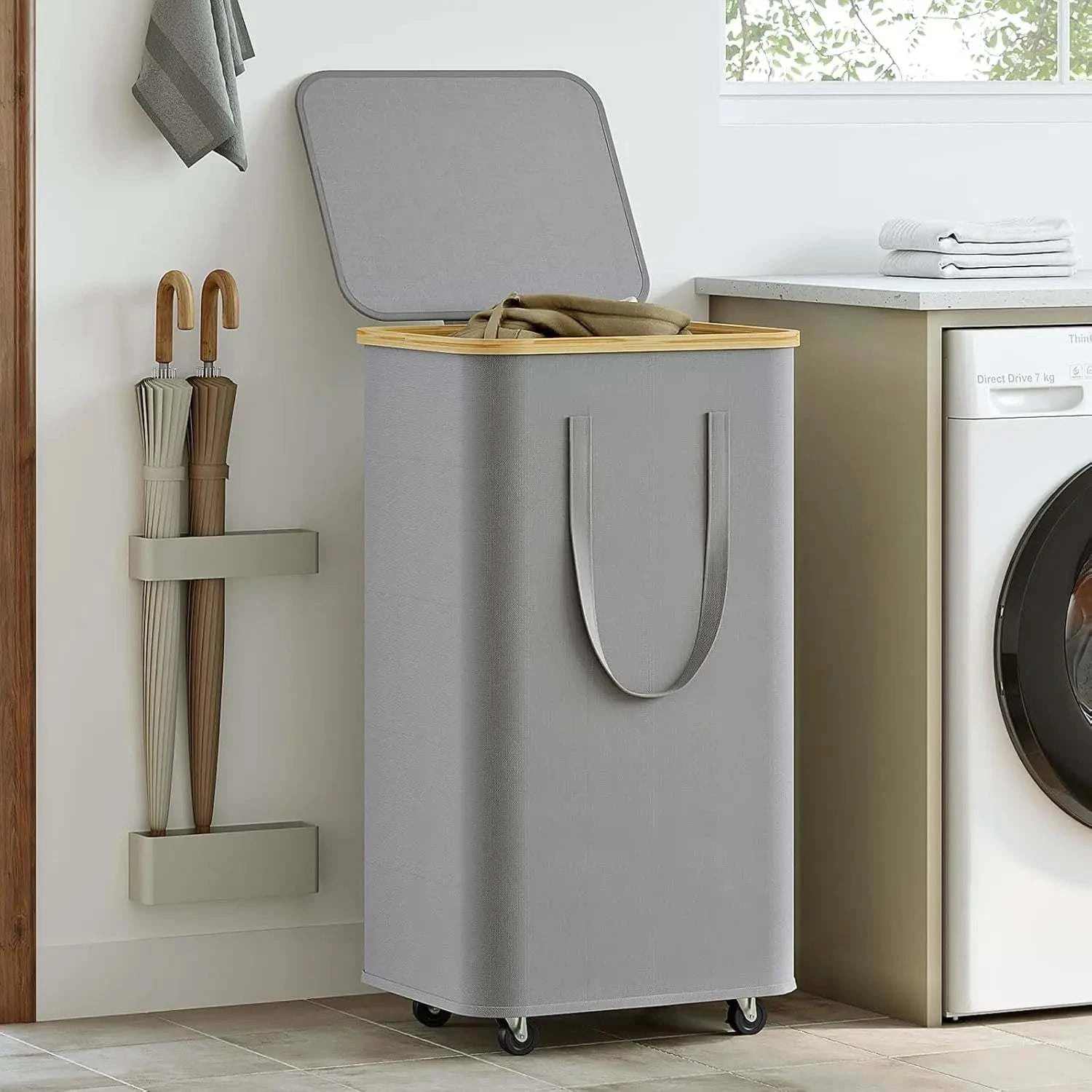 Large capacity foldable laundry basket with wheels and detachable liner in rectangular shape