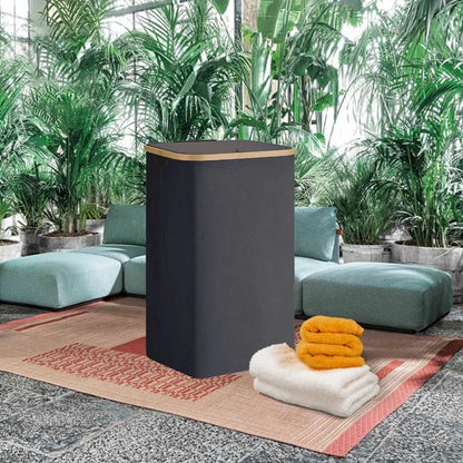 100L Foldable Laundry Hamper Basket with Bamboo Handle And Lid Eco-Friendly Removable Liner for Bedroom Bathroom Storage