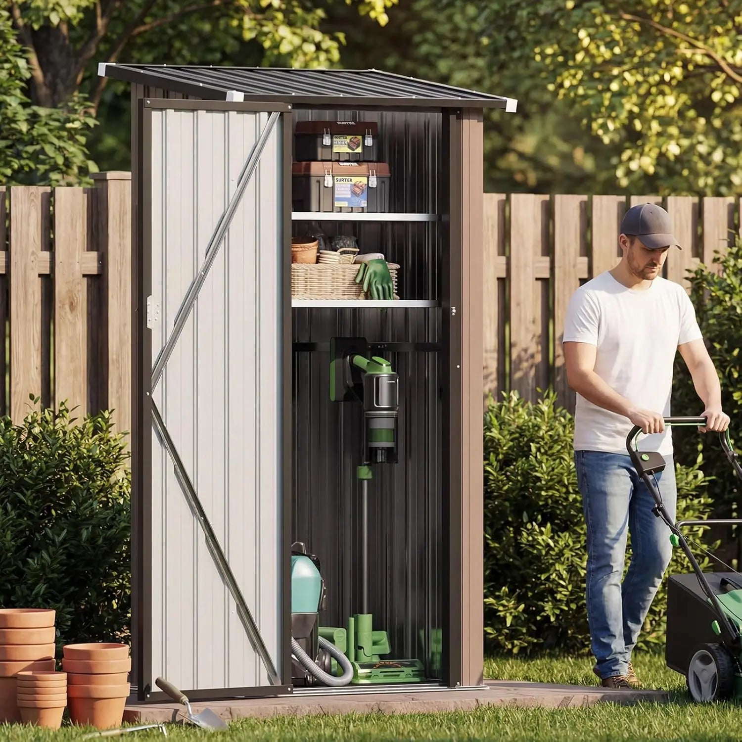 Outdoor vertical metal storage cabinet with lockable doors and adjustable shelves for waterproof outdoor storage shed