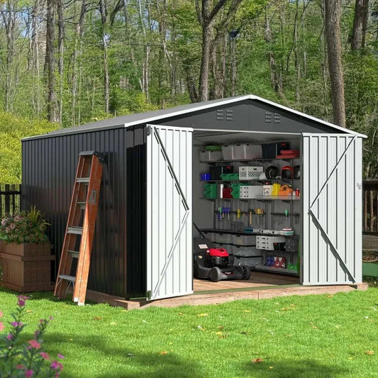 10x10 ft outdoor metal storage shed with lockable doors and reinforced frame in garden setting