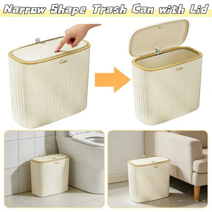 Beige gold trim slim rectangular trash can with press-to-open lid for bathroom and kitchen space-saving use