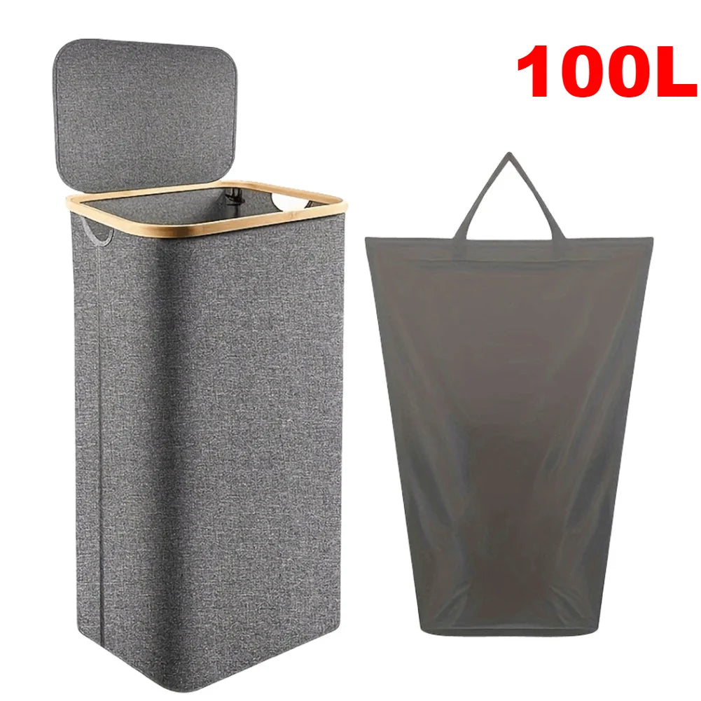 100L Foldable Laundry Hamper Basket with Bamboo Handle And Lid Eco-Friendly Removable Liner for Bedroom Bathroom Storage