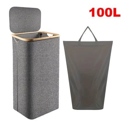 100L Foldable Laundry Hamper Basket with Bamboo Handle And Lid Eco-Friendly Removable Liner for Bedroom Bathroom Storage