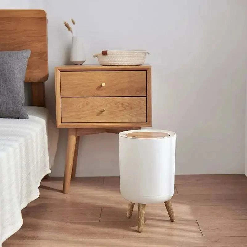7L round wood grain plastic trash can with press lid and legs for bathroom or living room use