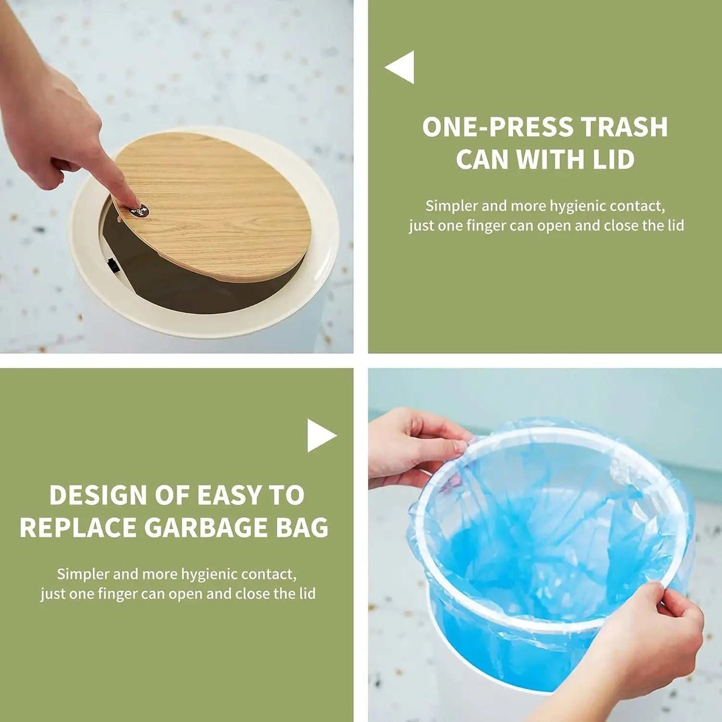 7L round wood grain plastic trash can with legs and press lid for bathroom and living room