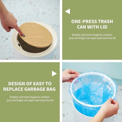 7L round wood grain plastic trash can with legs and press lid for bathroom and living room