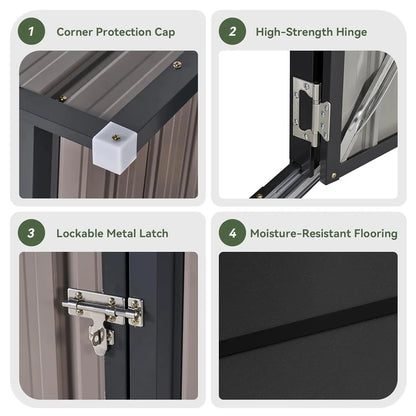 Metal outdoor storage shed with lockable vertical cabinet and adjustable shelves