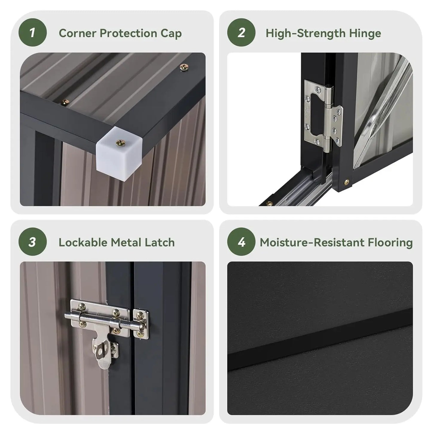 Metal outdoor storage shed with lockable doors and adjustable shelves in vertical design
