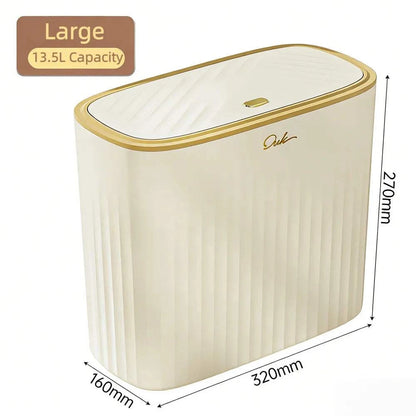Beige gold trim slim rectangular trash can with press-to-open lid for bathroom and kitchen use