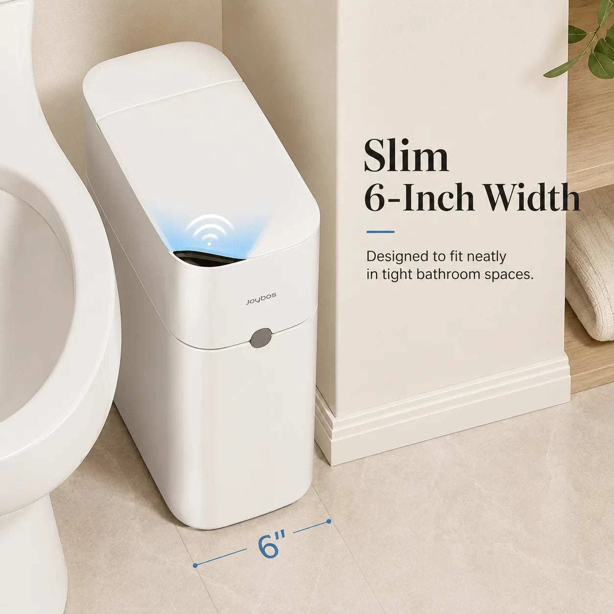 JOYBOS touchless trash can with motion sensor and auto bag-suction system in compact rectangular design for hands-free operation