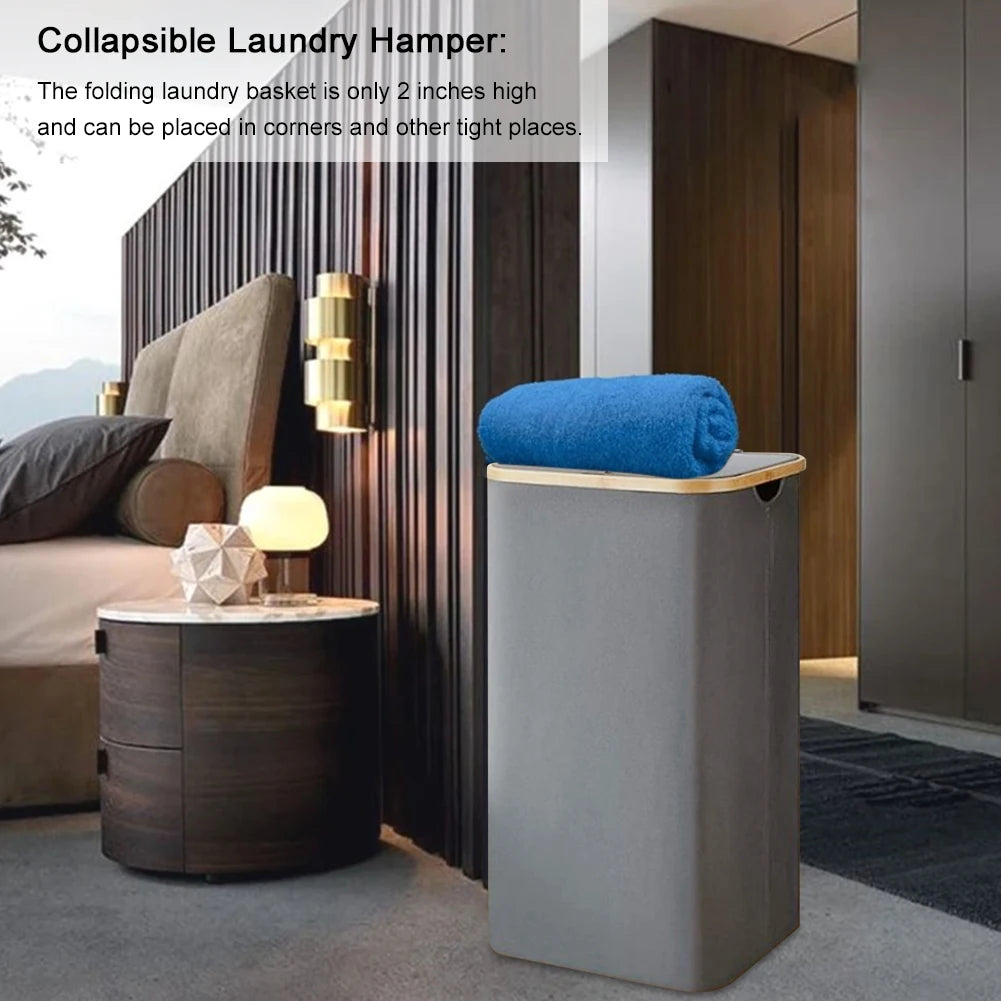 100L Foldable Laundry Hamper Basket with Bamboo Handle And Lid Eco-Friendly Removable Liner for Bedroom Bathroom Storage