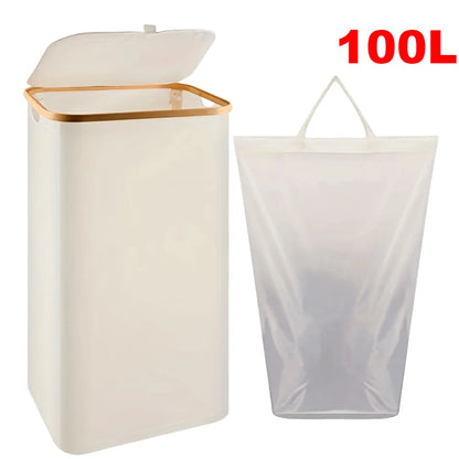 100L Foldable Laundry Hamper Basket with Bamboo Handle And Lid Eco-Friendly Removable Liner for Bedroom Bathroom Storage