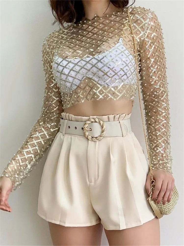 Pearl Sparkly See Through Shirts - Azobay