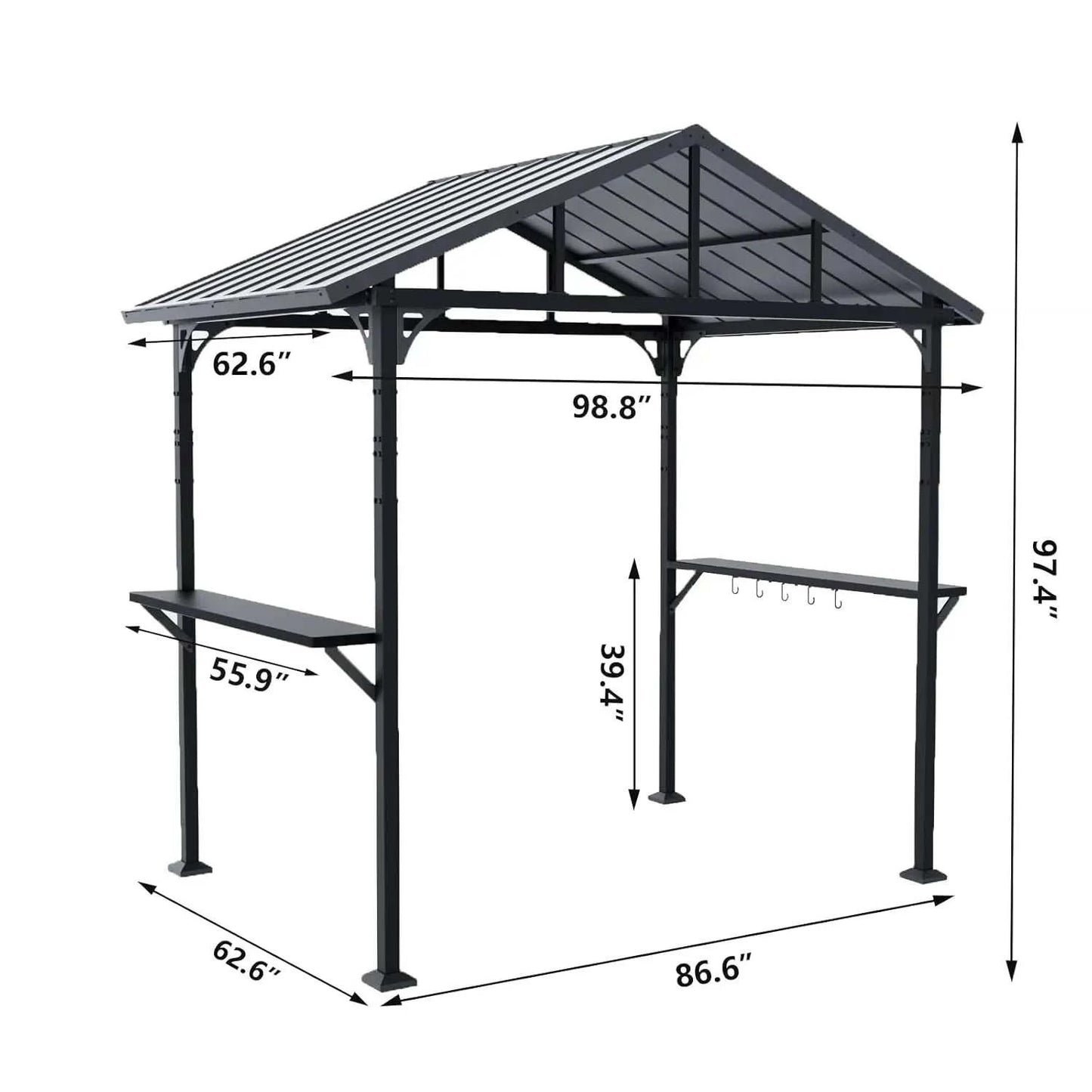 8x5ft Metal BBQ Grill Gazebo, Triangular Roof, Drainage Holes & 2 Side Shelves, Custom