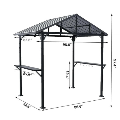 8x5ft Metal BBQ Grill Gazebo, Triangular Roof, Drainage Holes & 2 Side Shelves, Custom