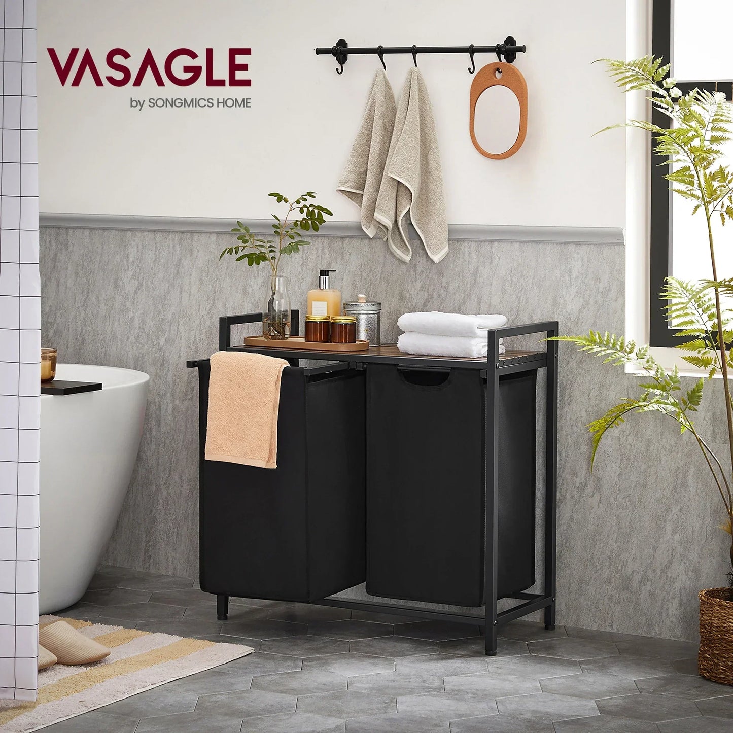 VASAGLE Laundry Hamper with metal frame, 2 removable bags, shelf, and pull-out design in ink black and rustic brown
