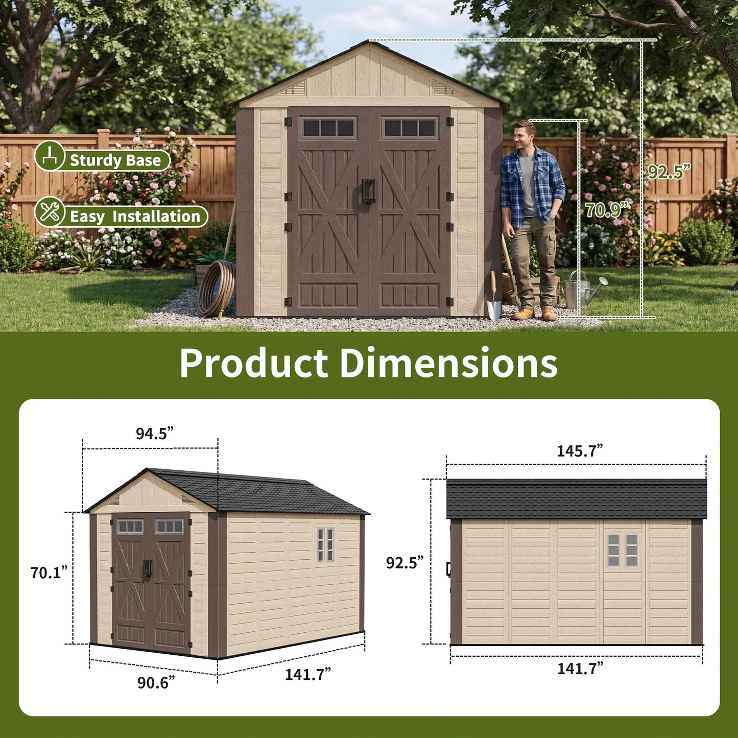 Polar Aurora 8x10 outdoor resin storage shed with windows and lockable door