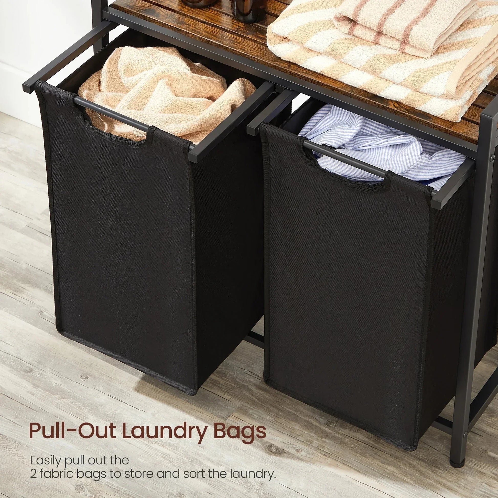 VASAGLE Laundry Hamper with metal frame, two pull-out removable bags, shelf, and water-repellent liners in ink black and rustic brown