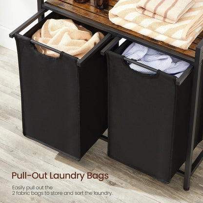 VASAGLE Laundry Hamper with metal frame, two pull-out removable bags, shelf, and water-repellent liners in ink black and rustic brown