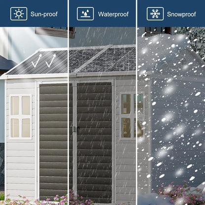 8x6 ft waterproof resin storage shed with floor, windows, and reinforced frame in wood-grain finish