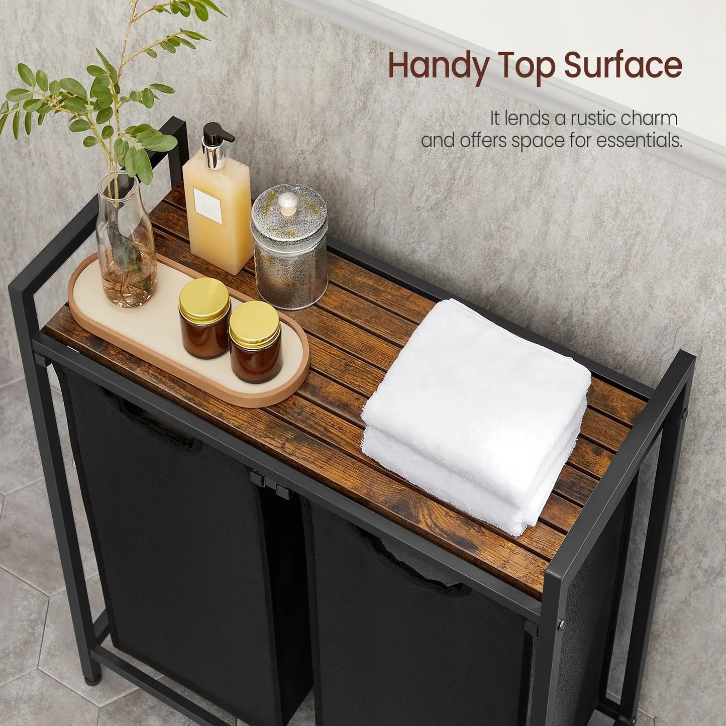 VASAGLE Laundry Hamper with metal frame, removable bags, shelf, and pull-out design in rustic brown and ink black colors