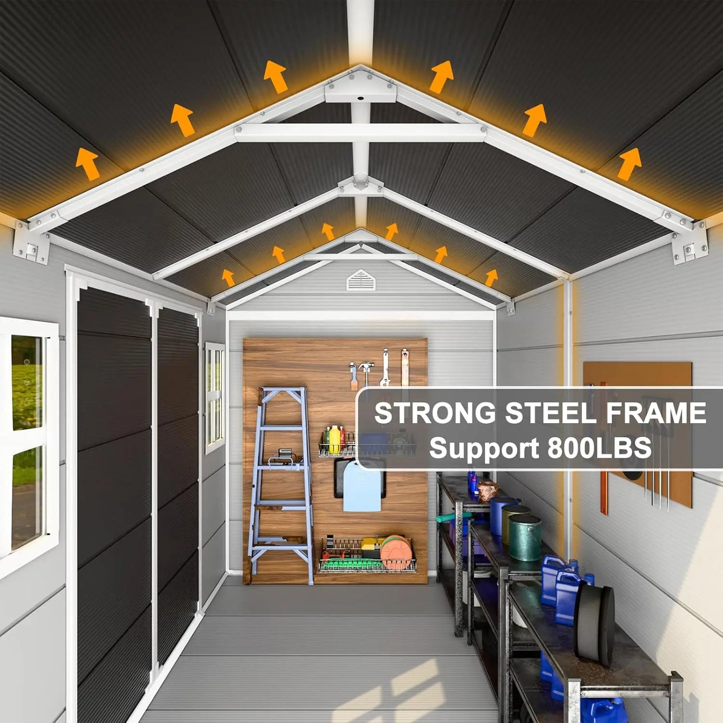 8x6 ft waterproof resin storage shed with floor, windows, and reinforced metal frame