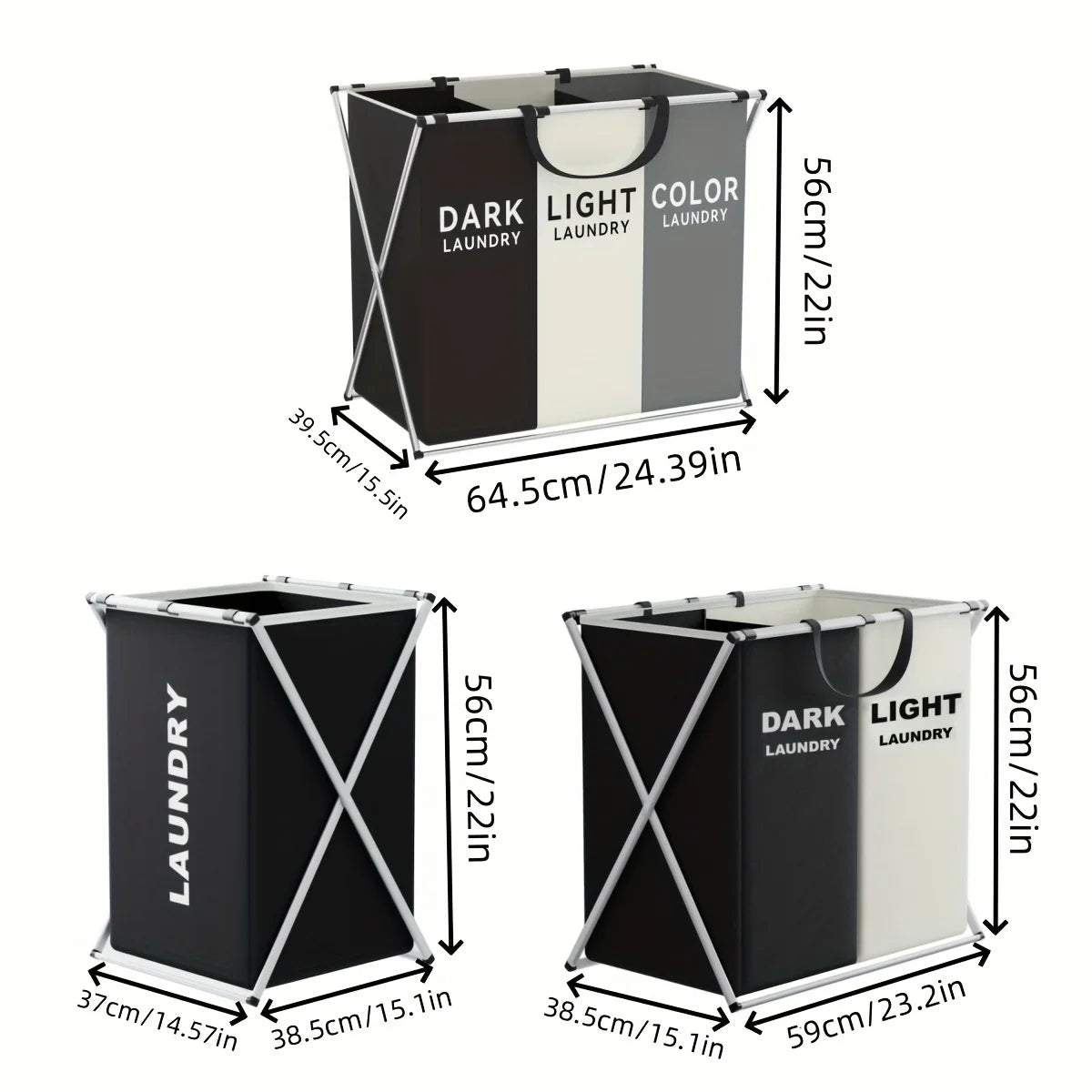1 PC Large Foldable Laundry Hamper with 3 Divided Sections Dirty Cloth Storage Basket Classic Oxford Washing Bin for Home