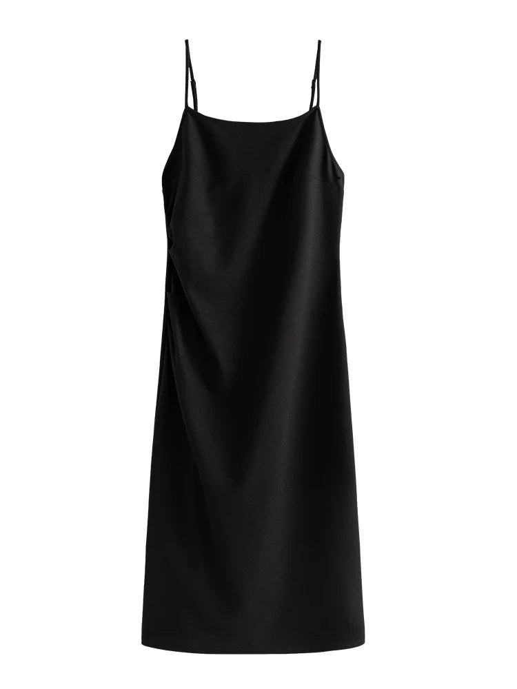 DUSHU Women Long Black Slip Dress Slit Design Elegant Square Neck Slip Dress Adjustable Strap Spring Women Solid Dress - Azobay