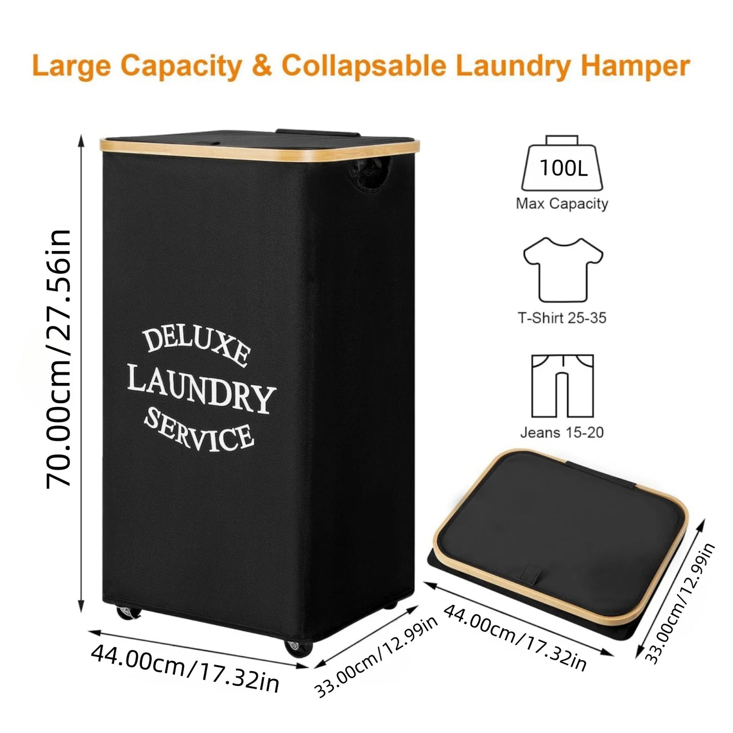Large 100L Laundry Basket with Lid And Bamboo Handle - Folding with Removable Bag Modern Style Oxford Fabric Laundry Hamper