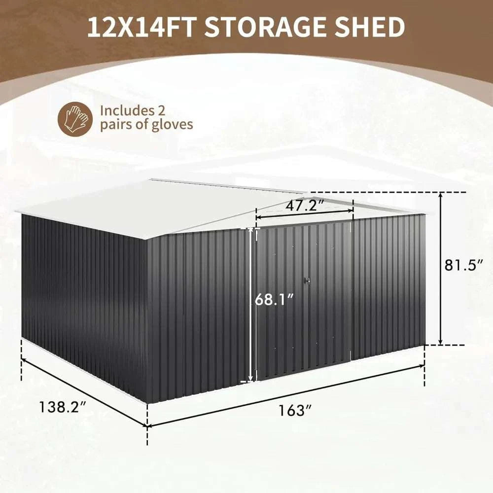 12x14 FT Outdoor Metal Storage Shed Garden Tool Shed with Lockable Doors for Backyard Patio Lawn White