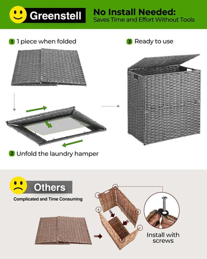 110L Foldable Wicker Laundry Hamper with 2 Removable Liners 2-Section Design Gray No Install Needed