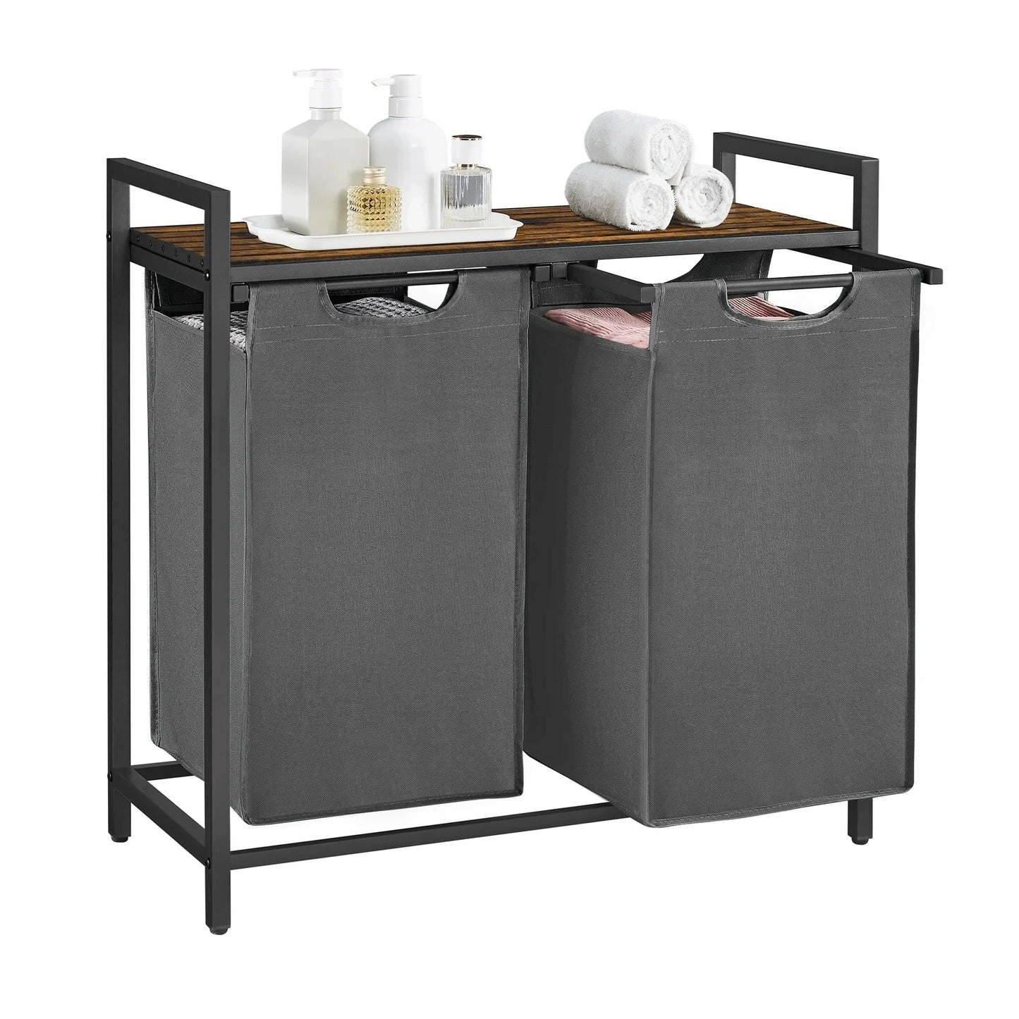 VASAGLE laundry hamper with two pull-out removable bags and metal frame shelf in ink black and rustic brown