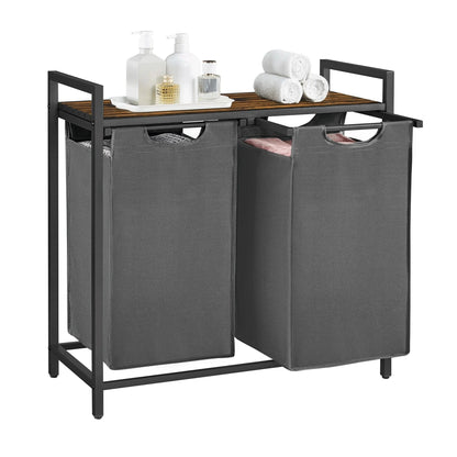 VASAGLE laundry hamper with two pull-out removable bags and metal frame shelf in ink black and rustic brown