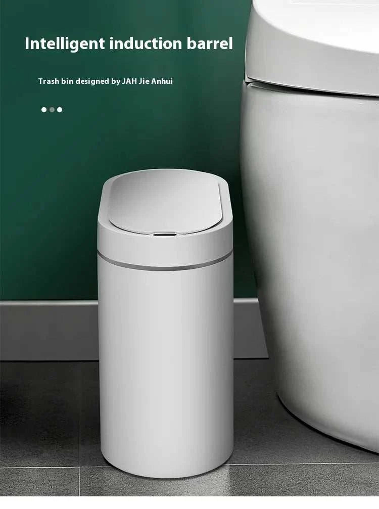 7L automatic bathroom trash can with motion sensor lid in white rectangular design