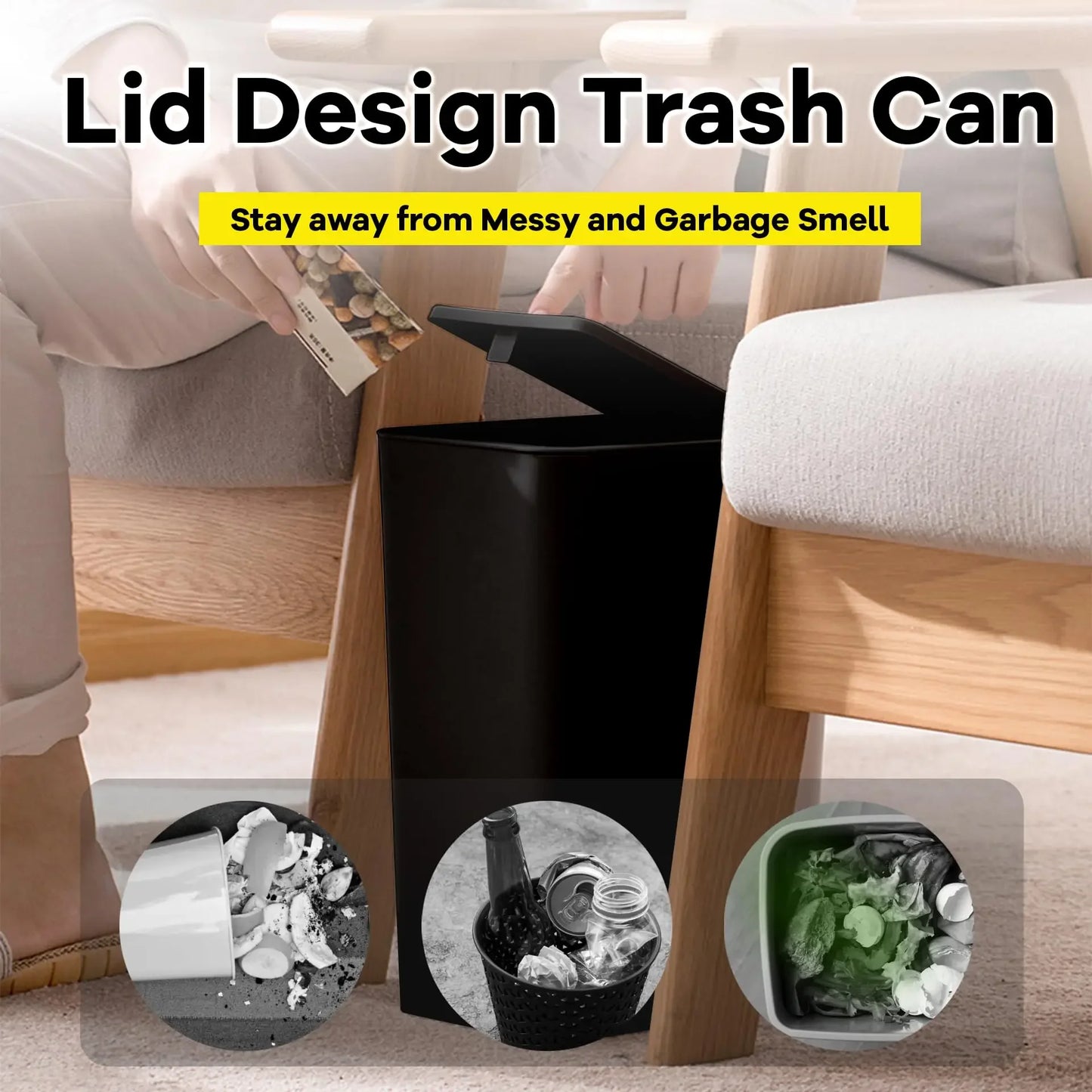 10-Liter Compact Plastic Waste Bin Eco-Friendly Rectangular Trash Can for Bathroom Toilet Bedroom Living Room